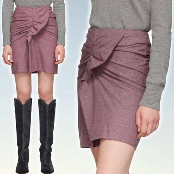 NWT ISABEL MARANT ETOILE Ines Houndstooth Linen Blend Skirt Sz 4 Mauve - Picture 1 of 8